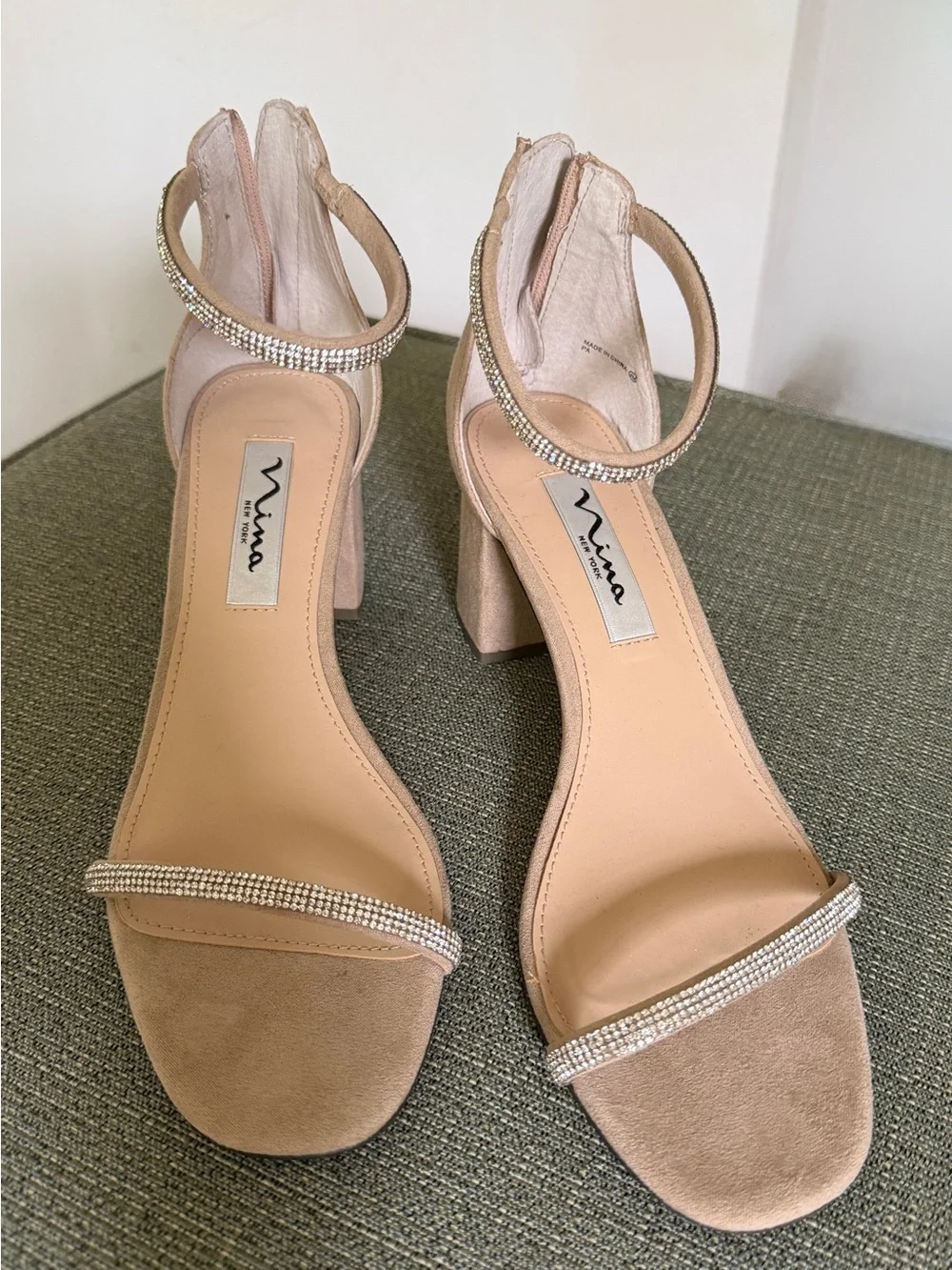 Sparkling Nina Blush Pink Rhinestone Ankle-Strap Block Heel Sandals